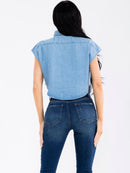 WOMEN'S SLEEVELESS BUTTON UP FRONT POCKETS DENIM TOP