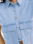 WOMEN'S SLEEVELESS BUTTON UP FRONT POCKETS DENIM TOP