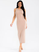 WOMEN'S SLEEVELESS SIDE SLIT BODYCON RIBBED MAXI DRESS