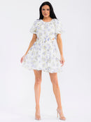 WOMEN'S SHORT PUFF SLEEVE ELASTIC WAIST BACK CUT OUT FLORAL MINI DRESS