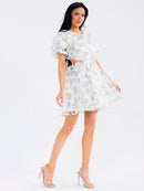 WOMEN'S SHORT PUFF SLEEVE ELASTIC WAIST BACK CUT OUT FLORAL MINI DRESS