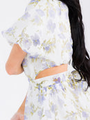 WOMEN'S SHORT PUFF SLEEVE ELASTIC WAIST BACK CUT OUT FLORAL MINI DRESS