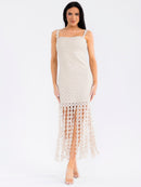 WOMEN'S SLEEVELESS BODYCON FRINGE HEM CROCHET MIDI DRESS