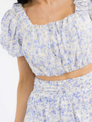 WOMEN'S SHORT SLEEVE SMOCK CROP TOP & ZIP UP TIERED MAXI SKIRT FLORAL 2PC. SET