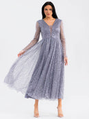 WOMEN'S LONG SLEEVE V-NECK MESH SEQUINS MAXI DRESS