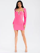 WOMEN'S SLEEVELESS V-NECK BODYCON MINI DRESS WITH LONG SLEEVE BOLERO BANDAGE 2PC SET