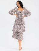 WOMEN'S LONG SLEEVE OPEN BACK TIERED FLORAL EMBROIDERY MAXI DRESS