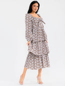 WOMEN'S LONG SLEEVE OPEN BACK TIERED FLORAL EMBROIDERY MAXI DRESS