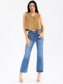 WOMEN'S SLEEVELESS BUTTON UP EMBROIDERY FLORAL LINEN VEST