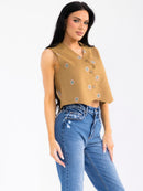WOMEN'S SLEEVELESS BUTTON UP EMBROIDERY FLORAL LINEN VEST