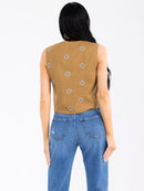 WOMEN'S SLEEVELESS BUTTON UP EMBROIDERY FLORAL LINEN VEST