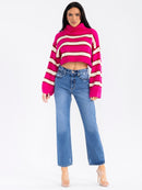 WOMEN'S LONG SLEEVE TURTLE NECK COLORBLOCK STRIPES PULLOVER CROP SWEATER