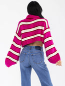 WOMEN'S LONG SLEEVE TURTLE NECK COLORBLOCK STRIPES PULLOVER CROP SWEATER