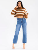 WOMEN'S LONG SLEEVE TURTLE NECK COLORBLOCK STRIPES PULLOVER CROP SWEATER