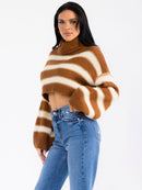 WOMEN'S LONG SLEEVE TURTLE NECK COLORBLOCK STRIPES PULLOVER CROP SWEATER