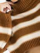 WOMEN'S LONG SLEEVE TURTLE NECK COLORBLOCK STRIPES PULLOVER CROP SWEATER