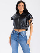 WOMEN'S SLEEVELESS ZIP UP FRONT POCKETS PU PLEATHER TOP