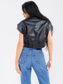 WOMEN'S SLEEVELESS ZIP UP FRONT POCKETS PU PLEATHER TOP