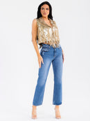 WOMEN'S SLEEVELESS BUTTON CLOSURE SEQUINS FRINGE CROP TOP