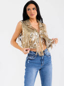 WOMEN'S SLEEVELESS BUTTON CLOSURE SEQUINS FRINGE CROP TOP