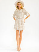 WOMEN'S SHORT SLEEVE ZIP UP FRONT POCKETS TWEED MINI DRESS