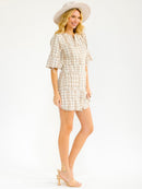 WOMEN'S SHORT SLEEVE ZIP UP FRONT POCKETS TWEED MINI DRESS