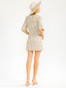 WOMEN'S SHORT SLEEVE ZIP UP FRONT POCKETS TWEED MINI DRESS