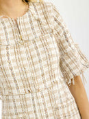 WOMEN'S SHORT SLEEVE ZIP UP FRONT POCKETS TWEED MINI DRESS