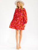 WOMEN'S LONG PUFF SLEEVE V-NECK FRONT POCKETS FLORAL MINI DRESS