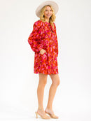 WOMEN'S LONG PUFF SLEEVE V-NECK FRONT POCKETS FLORAL MINI DRESS