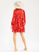 WOMEN'S LONG PUFF SLEEVE V-NECK FRONT POCKETS FLORAL MINI DRESS