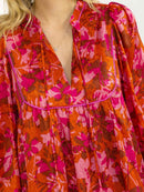 WOMEN'S LONG PUFF SLEEVE V-NECK FRONT POCKETS FLORAL MINI DRESS