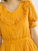 WOMEN'S SHORT SLEEVE BUTTON UP ELASTIC WAIST RUFFLE MINI DRESS