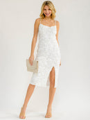 WOMEN'S SLEEVELESS FRONT SLIT FLORAL DETAILED MIDI DRESS