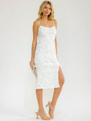 WOMEN'S SLEEVELESS FRONT SLIT FLORAL DETAILED MIDI DRESS