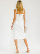 WOMEN'S SLEEVELESS FRONT SLIT FLORAL DETAILED MIDI DRESS