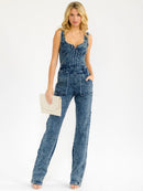 WOMEN'S SLEEVELESS POCKETS STRAIGHT LEG STRETCH DENIM WASHED JUMSUIT