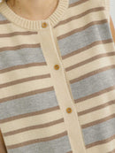 WOMEN'S SLEEVELESS BUTTON UP STRIPES COLORBLOCK SWEATER TOP