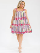 PLUS SIZE SLEEVELESS SQUARE NECK EMBROIDERY FLORAL MULTI TIERED MINI DRESS