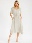 WOMEN'S SHORT SLEEVE FRONT POCKETS EMBROIDERY FLORAL MIDI DRESS