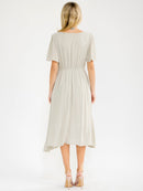 WOMEN'S SHORT SLEEVE FRONT POCKETS EMBROIDERY FLORAL MIDI DRESS