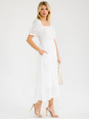 WOMEN'S SHORT PUFF SLEEVE SQUARE NECK SMOCK TIERED MAXI DRESS