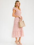 WOMEN'S SHORT RUFFLE SLEEVE SMOCK TIERED PRINT MAXI DRESS