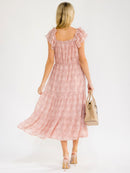 WOMEN'S SHORT RUFFLE SLEEVE SMOCK TIERED PRINT MAXI DRESS