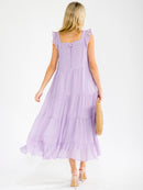 WOMEN'S SLEEVELESS SQUARE NECK FRONT POCKETS TIERED MAXI DRESS