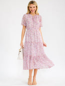WOMEN'S SHORT SLEEVE ELASTIC WAIST TIERED FLORAL MAXI DRESS