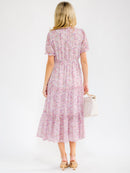 WOMEN'S SHORT SLEEVE ELASTIC WAIST TIERED FLORAL MAXI DRESS