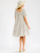 WOMEN'S SHORT SLEEVE SQUARE NECK FRONT POCKETS TIERED LOOSE FIT TUNIC FLORAL MINI DRESS