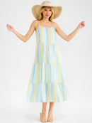 WOMEN'S SLEEVELESS FRONT POCKETS TIERED COLOR BLOCK STRIPES MAXI DRESS