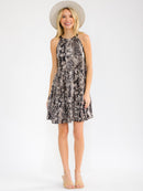 WOMEN'S SLEEVELESS HALTER NECK TIERED ANIMAL PRINT MINI DRESS